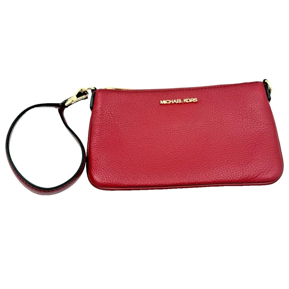 Michael Kors Jet Set Small Convertible Wristlet Pebbled Leather Cherry Red NWT‎